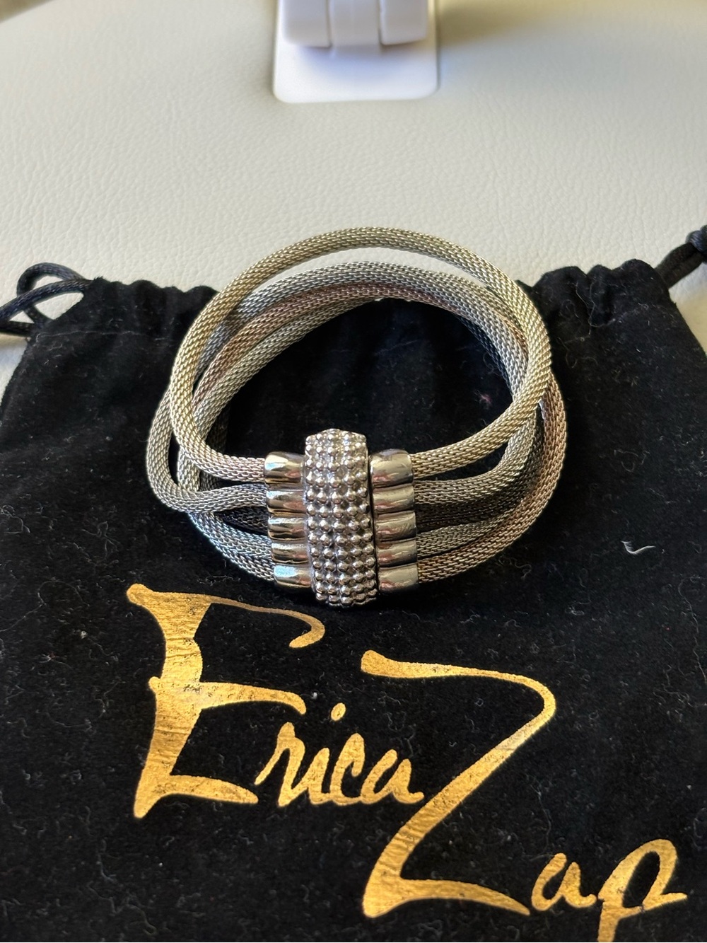 Erica Zap Silver 5-Strand Mesh Bracelet with Bead Textured Magnetic Clasp